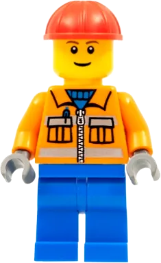 Construction Worker - Orange Zipper, Safety Stripes, Orange Arms, Blue Legs, Red Construction Helmet minifigure