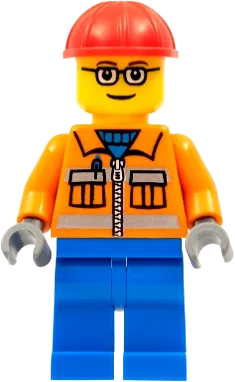 Construction Worker - Orange Zipper, Safety Stripes, Orange Arms, Blue Legs, Red Construction Helmet, Brown Eyebrows, Glasses minifigure