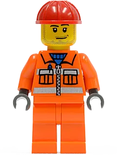 Construction Worker - Orange Zipper, Safety Stripes, Orange Arms, Orange Legs, Red Construction Helmet, Smirk and Stubble Beard minifigure