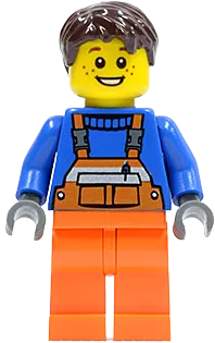 Overalls - Safety Stripe Orange, Orange Legs, Dark Brown Tousled Hair, Open Grin and Freckles minifigure
