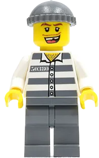 Jail Prisoner 50380 Prison Stripes - Dark Bluish Gray Legs, Dark Bluish Gray Knit Cap, Missing Tooth minifigure