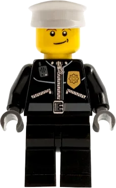 City Leather Jacket - Gold Badge and 'POLICE' on Back, White Hat, Lopsided Smile minifigure