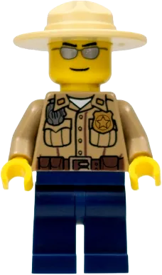 Forest Police - Dark Tan Shirt with Pockets, Radio and Gold Badge, Dark Blue Legs, Campaign Hat, Silver Sunglasses minifigure