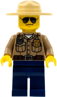 Forest Police - Dark Tan Shirt with Pockets, Radio and Gold Badge, Dark Blue Legs, Campaign Hat, Black and Silver Sunglasses minifigure