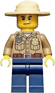 Forest Police - Dark Tan Shirt with Pockets, Radio and Gold Badge, Dark Blue Legs, Campaign Hat, Angry Eyebrows and Scowl, White Pupils minifigure