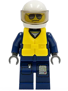Forest Police - Helicopter Pilot, Dark Blue Flight Suit with Badge, Helmet, Life Jacket Center Buckle, Black and Pearl Dark Gray Sunglasses minifigure