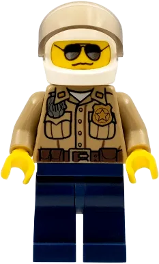 Forest Police - Dark Tan Shirt with Pockets, Radio and Gold Badge, Dark Blue Legs, White Helmet with Visor, Black and Silver Sunglasses minifigure