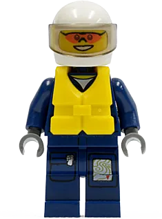 Forest Police - Helicopter Pilot, Dark Blue Flight Suit with Badge, Helmet, Life Jacket Center Buckle, Orange Sunglasses minifigure
