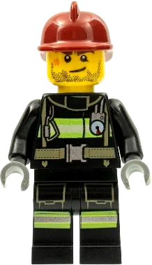 Fire - Reflective Stripes with Utility Belt, Dark Red Fire Helmet, Crooked Smile and Scar minifigure