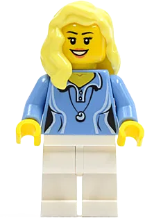 Medium Blue Female Shirt - Two Buttons and Shell Pendant, White Legs, Bright Light Yellow Female Hair over Shoulder minifigure
