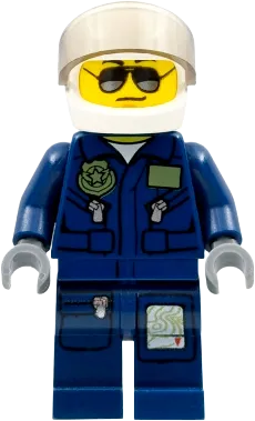 Forest Police - Helicopter Pilot, Dark Blue Flight Suit with Badge, Helmet, Black and Silver Sunglasses, Black Eyebrows minifigure
