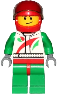 Race Car Driver - White Race Suit with Octan Logo, Red Helmet with Trans-Brown Visor, Crooked Smile with Brown Dimple minifigure