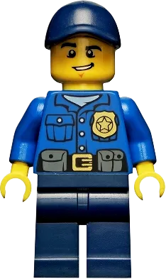 City Officer - Gold Badge, Dark Blue Cap with Hole, Lopsided Grin minifigure