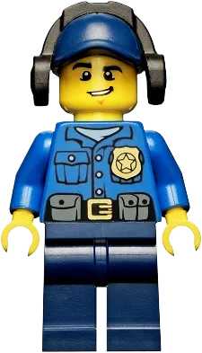 City Officer - Gold Badge, Dark Blue Cap with Hole, Headphones, Lopsided Grin minifigure