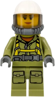 Volcano Explorer - Female Worker, Suit with Harness, Construction Helmet, Breathing Neck Gear with Air Tanks, Trans-Brown Visor minifigure
