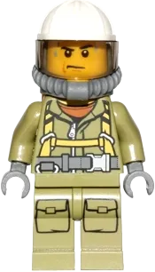 Volcano Explorer - Male Worker, Suit with Harness, Construction Helmet, Breathing Neck Gear with Yellow Air Tanks, Trans-Brown Visor, Sweat Drops minifigure