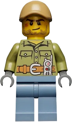 Volcano Explorer - Male, Shirt with Belt and Radio, Dark Tan Cap with Hole, Crooked Smile and Scar minifigure