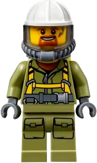 Volcano Explorer - Male Worker, Suit with Harness, Construction Helmet, Breathing Neck Gear with Yellow Air Tanks, Trans-Brown Visor, Goatee minifigure