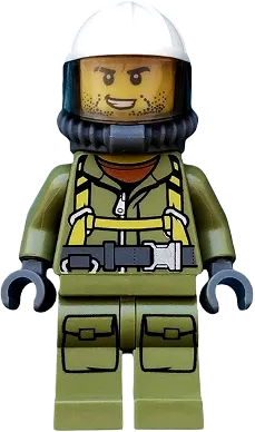 Volcano Explorer - Male Worker, Suit with Harness, Construction Helmet, Breathing Neck Gear with Yellow Air Tanks, Trans-Brown Visor, Stubble minifigure