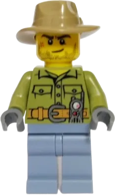 Volcano Explorer - Male, Shirt with Belt and Radio, Dark Tan Fedora Hat, Crooked Smile and Scar minifigure