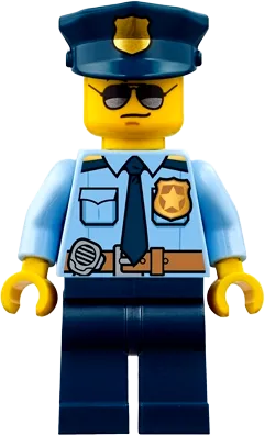 City Officer Shirt - Dark Blue Tie and Gold Badge, Dark Tan Belt with Radio, Dark Blue Legs, Police Hat with Gold Badge, Sunglasses minifigure