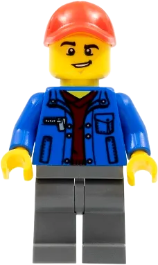 Truck Driver - Blue Jacket over Dark Red V-Neck Sweater, Dark Bluish Gray Legs, Red Cap with Hole, Lopsided Grin minifigure