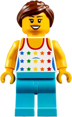 Shirt - Female Rainbow Stars Pattern, Medium Azure Legs, Reddish Brown Ponytail Hair, Black Eyebrows minifigure