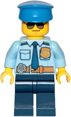 City Officer Shirt - Dark Blue Tie and Gold Badge, Dark Tan Belt with Radio, Dark Blue Legs, Police Hat, Sunglasses minifigure