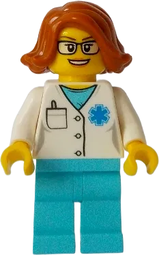 Doctor - EMT Star of Life, Medium Azure Legs, Dark Orange Female Hair Short Swept Sideways, Glasses minifigure