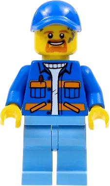 Garbage Worker - Male, Blue Jacket with Diagonal Lower Pockets and Orange Stripes, Medium Blue Legs, Blue Cap with Hole, Goatee and Splotches minifigure