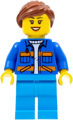 Garbage Worker - Female, Blue Jacket with Diagonal Lower Pockets and Orange Stripes, Dark Azure Legs, Reddish Brown Ponytail minifigure