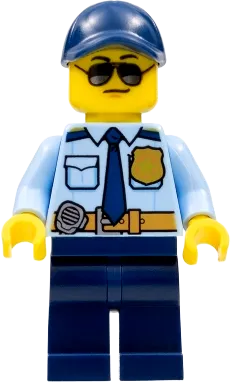 City Officer Shirt - Dark Blue Tie and Gold Badge, Dark Tan Belt with Radio, Dark Blue Legs, Dark Blue Cap, Sunglasses minifigure