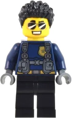 Police Officer - Male, Dark Blue Shirt with Harness, Black Legs, Black Coiled Hair, Sunglasses (Duke DeTain) minifigure