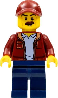Man - Dark Red Jacket with Bright Light Blue Shirt, Dark Blue Legs, Dark Red Cap with Hole, Moustache (Taxi Driver) minifigure