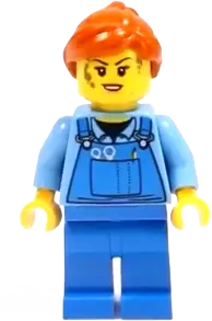 Mechanic Female - Medium Blue Shirt and Blue Overalls, Dark Orange Ponytail minifigure