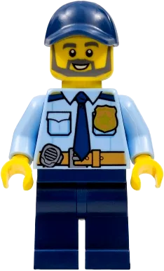 City Officer Shirt - Dark Blue Tie and Gold Badge, Dark Tan Belt with Radio, Dark Blue Legs, Dark Blue Cap, Full Beard minifigure