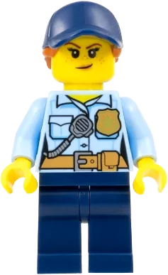 City Officer Female - Bright Light Blue Shirt with Badge and Radio, Dark Blue Legs, Dark Blue Cap with Dark Orange Ponytail, Freckles minifigure