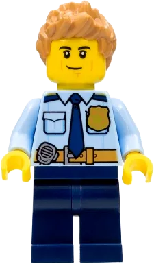 City Officer Shirt - Dark Blue Tie and Gold Badge, Dark Tan Belt with Radio, Dark Blue Legs, Medium Nougat Spiked Hair minifigure