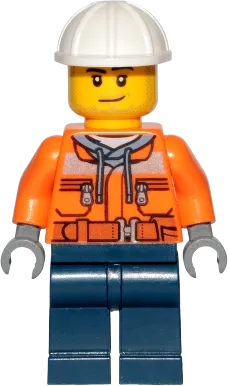 Construction Worker - Male, Orange Safety Jacket, Reflective Stripe, Sand Blue Hoodie, Dark Blue Legs, White Construction Helmet, Stubble minifigure