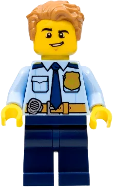City Officer Shirt - Dark Blue Tie and Gold Badge, Dark Tan Belt with Radio, Dark Blue Legs, Medium Nougat Tousled Hair minifigure