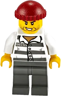 Jail Prisoner 86753 Prison Stripes - Dark Red Knit Cap, Scar, and Stubble minifigure