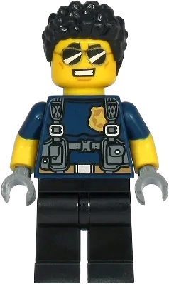 Police Officer - Duke DeTain, Dark Blue Shirt with Molded Short Sleeves, Harness, Black Legs, Black Hair minifigure