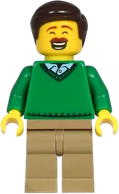Mark McCloud - Dad, Green V-Neck Sweater, Dark Tan Legs, Dark Brown Hair minifigure