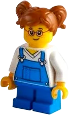 Girl - Blue Overalls over V-Neck Shirt, Dark Orange Hair Short, Parted with Two Pigtails, Red Glasses minifigure