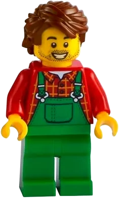 Farmer - Overalls Green, Red Plaid Shirt, Reddish Brown Hair Swept Back Tousled minifigure