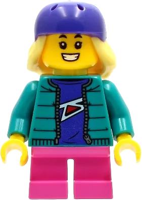 Skater - Girl, Dark Turquoise Jacket, Dark Pink Short Legs, Dark Purple Helmet, Bright Light Yellow Hair minifigure