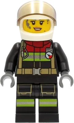 Fire - Female, Black Jacket and Legs with Reflective Stripes and Red Collar, White Helmet, Trans-Brown Visor, Dark Bluish Gray Splotches minifigure