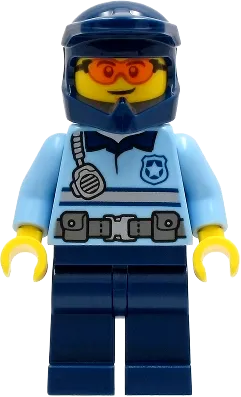 City Officer Bright Light Blue Shirt - Silver Stripe, Badge, and Radio, Dark Blue Legs, Dark Blue Dirt Bike Helmet, Safety Glasses minifigure