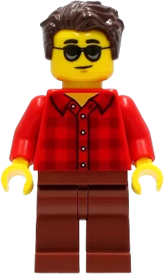Man - Red Plaid Flannel Shirt, Reddish Brown Legs, Dark Brown Hair, Sunglasses minifigure