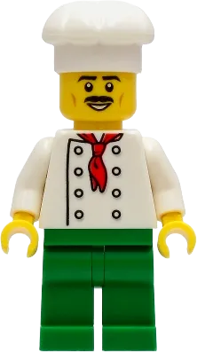 Chef - White Torso with 8 Buttons, No Wrinkles Front or Back, Green Legs, White Chef Toque minifigure